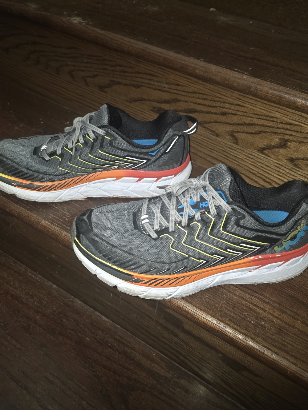 Mens HOKA Size 11.5 Gray Athletic Sneakers with Orange Accent